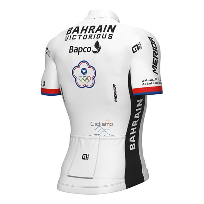 Bahrain Victorious Ropa Ciclismo Culotte Corto 2023 Hombre Mangas Cortas Blanco